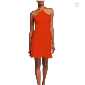 Aidan Mattox halter dress with godets in flame red, size 4 new with tags.